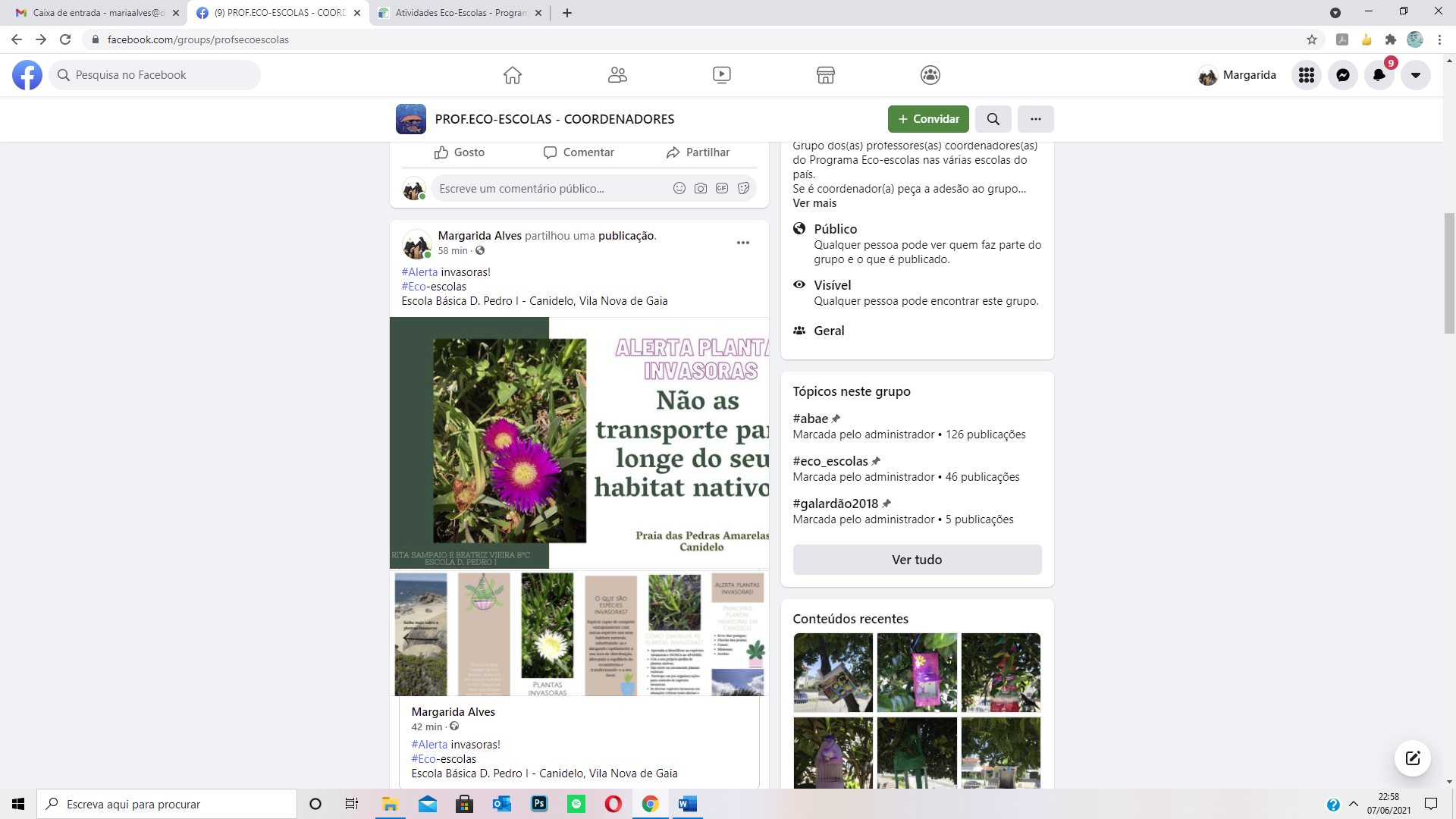 Publicação no Facebook - Alerta invasoras em Canidelo